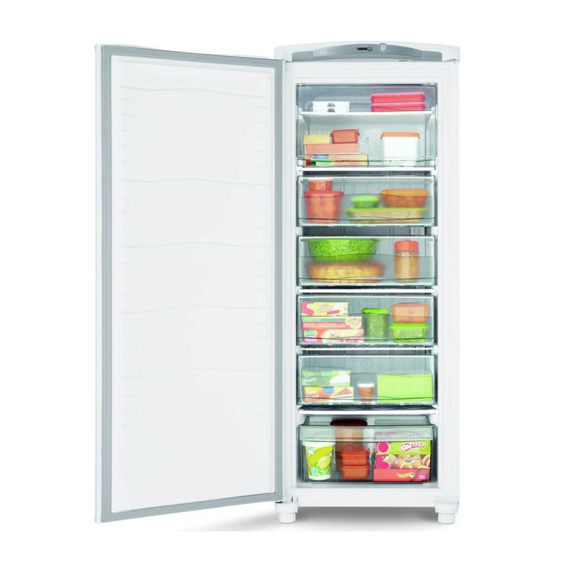 Freezer-vertical-posicionado-de-frente-com-a-porta-aberta-contendo-produtos-em-seu-interior