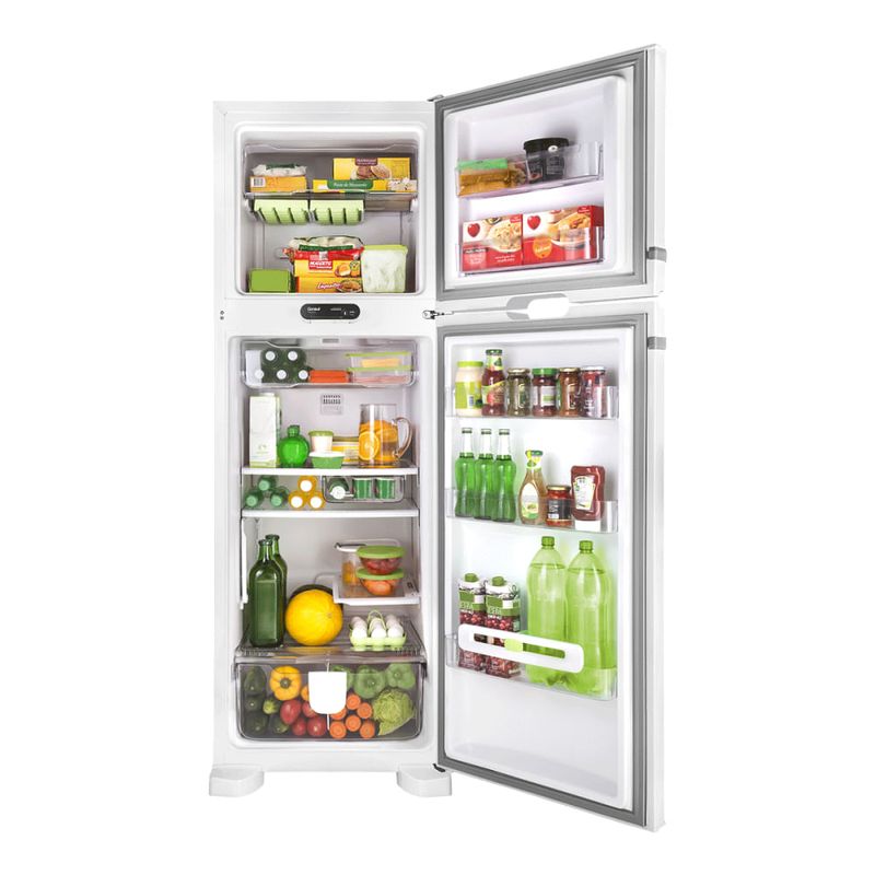 Geladeira-branca-com-as-portas-do-freezer-e-refrigerador-abertas-abastecida-de-alimentos-de-cores-verde-vermelho-amarelo-e-laranja.