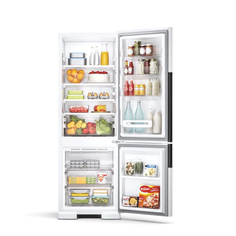 Refrigerador-e-Freezer-com--portas-abertas-abastecida-com-alimentos-e-bebidas.