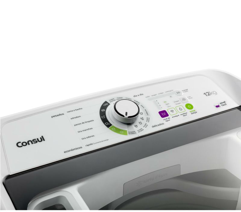 Maquina-de-lavar-12kg--branca-com-reutilizacao-de-agua-Consul---Lavadora-de-Roupas-12kg-imagem-com-foco-no-painel-de-funcoes-da-maquina-CWE08AB